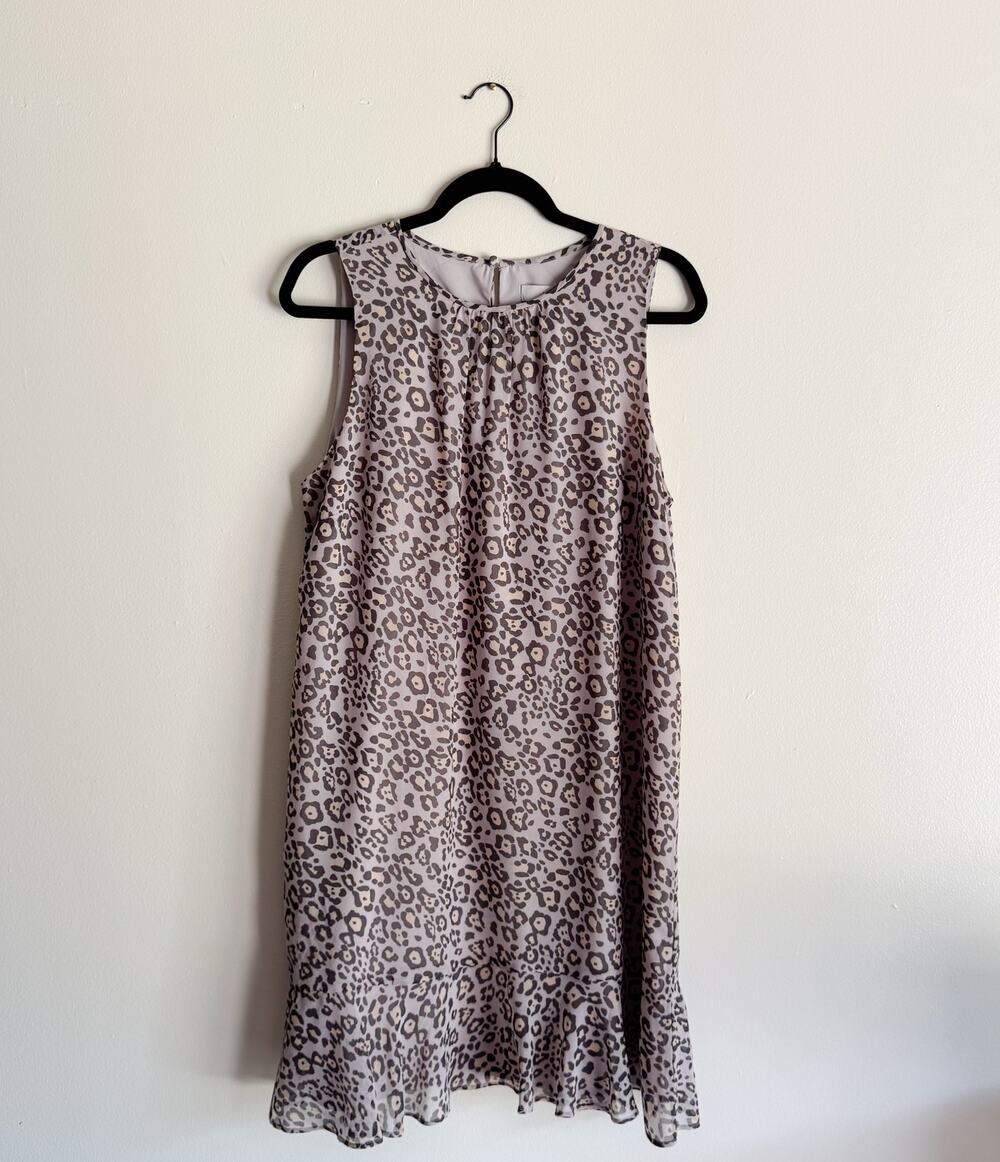 Loft Tan + Brown Cheetah Print Ruffle Trim Mini Shift Dress - Large